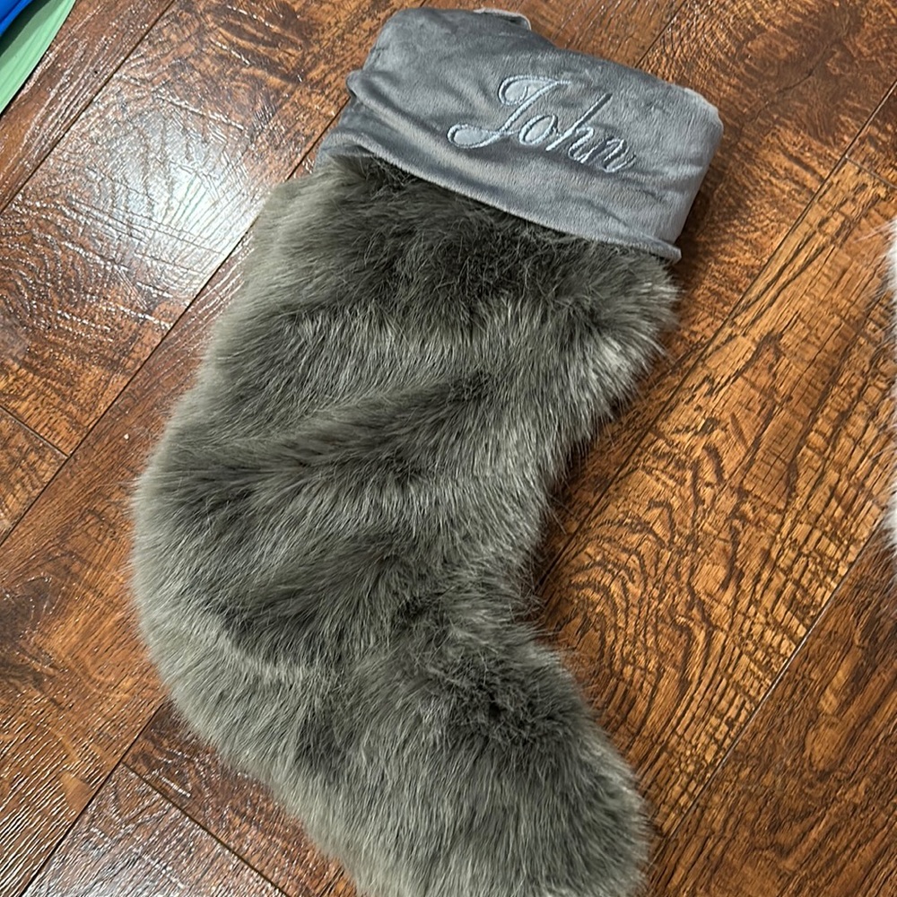Restoration Hardware faux fur stocking monogrammed “John” gray